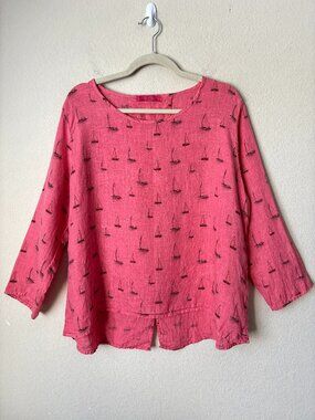 Cut Loose Linen Novelty Sailboat Print Relaxed Fit Lagenlook Blouse Top